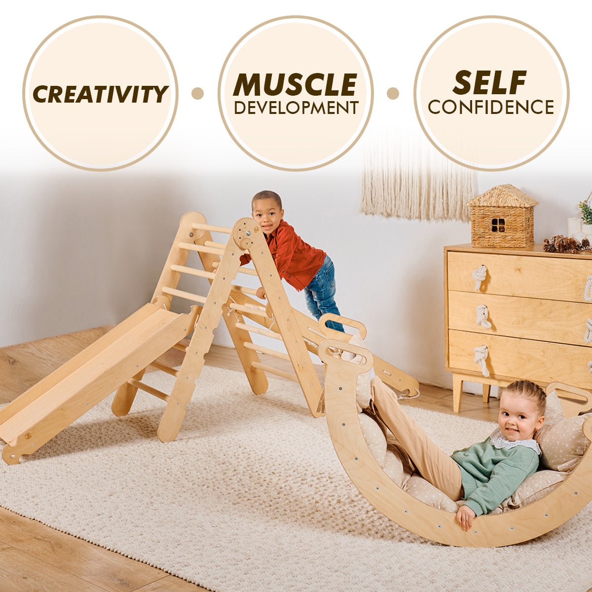 5in1 Montessori Climbing Frame Set: Triangle Ladder + Arch/Rocker + Slide Board/Ramp + Netting rope + Cushion | | Goodevas CA