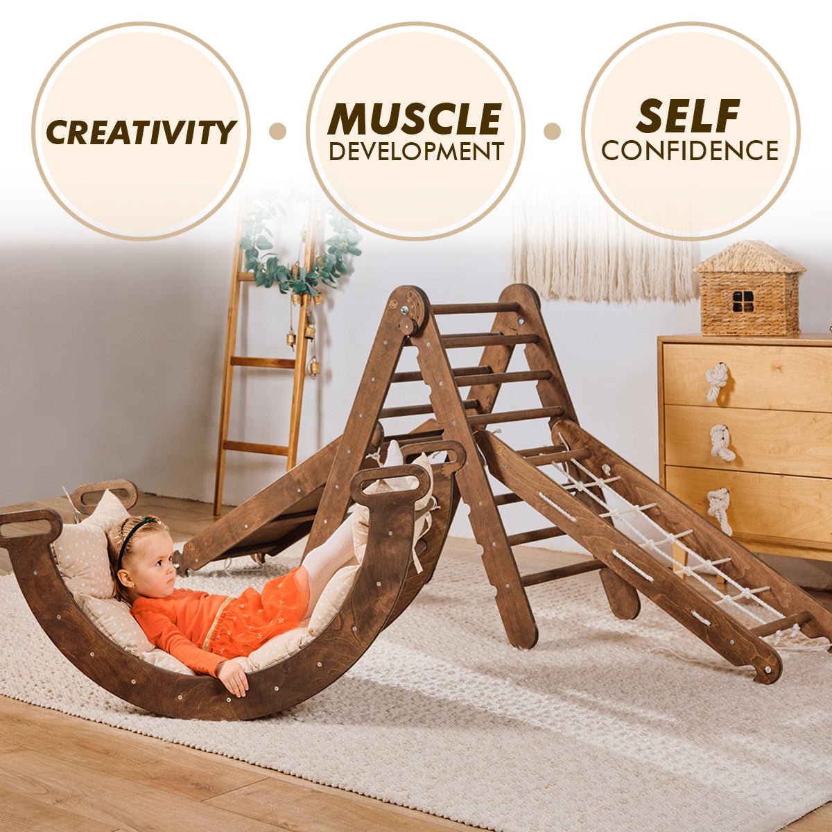 5in1 Montessori Climbing Set: Triangle Ladder + Arch/Rocker + Slide Board/Ramp + Net + Cushion – Chocolate | | Goodevas CA