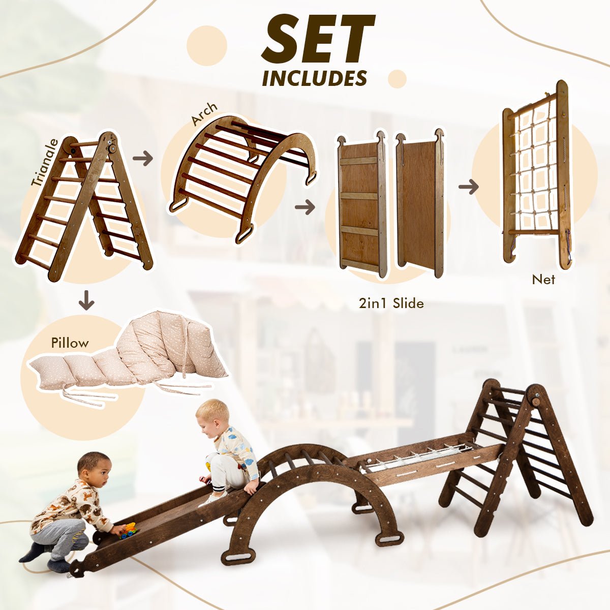 5in1 Montessori Climbing Set: Triangle Ladder + Arch/Rocker + Slide Board/Ramp + Net + Cushion – Chocolate | | Goodevas CA