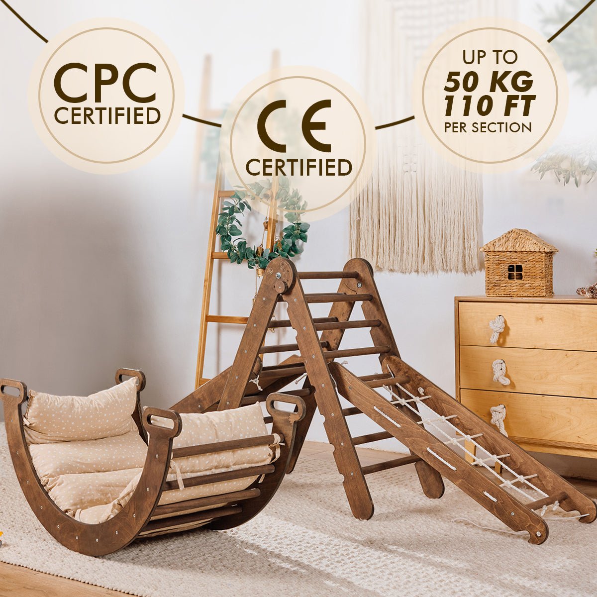 5in1 Montessori Climbing Set: Triangle Ladder + Arch/Rocker + Slide Board/Ramp + Net + Cushion – Chocolate | | Goodevas CA