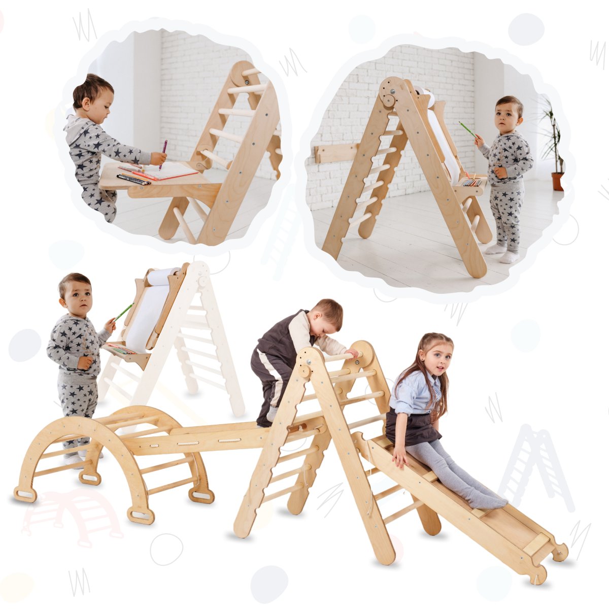 5in1 Montessori Climbing Set: Triangle Ladder + Climbing Arch + Slide Board + Climbing Net + Art Addition | | Goodevas CA