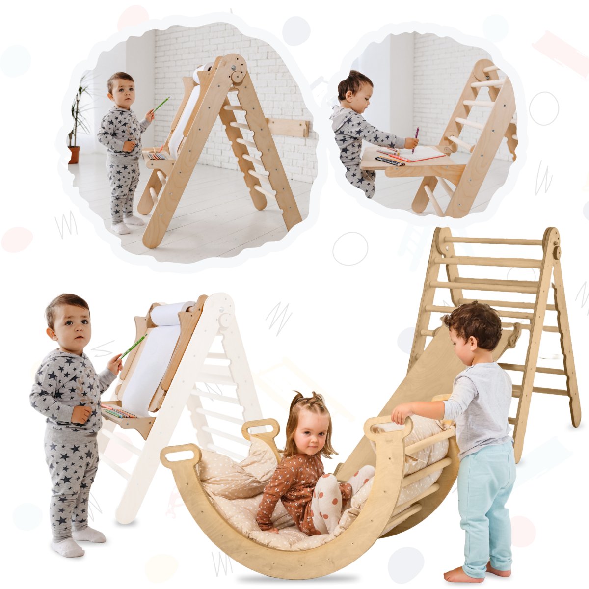 5in1 Montessori Climbing Set: Triangle Ladder + Climbing Arch + Slide Board + Cushion + Art Addition | | Goodevas CA