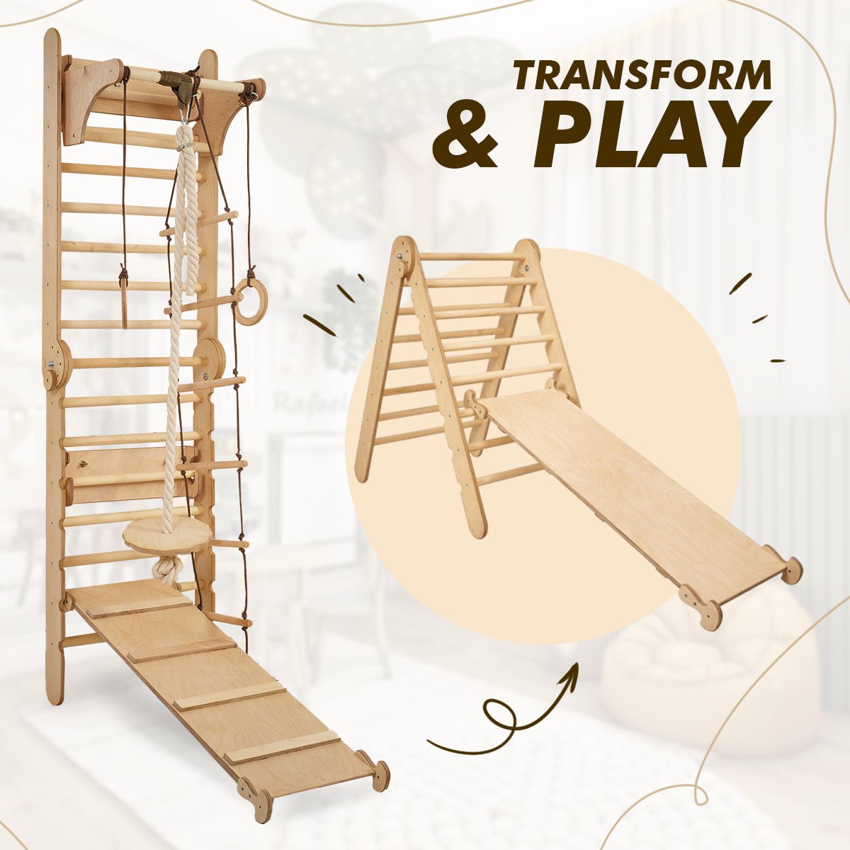 5in1: Wooden Swedish Wall / Climbing ladder for Children + Swing Set + Slide Board + Art Add - on | Swesdish wall | Goodevas