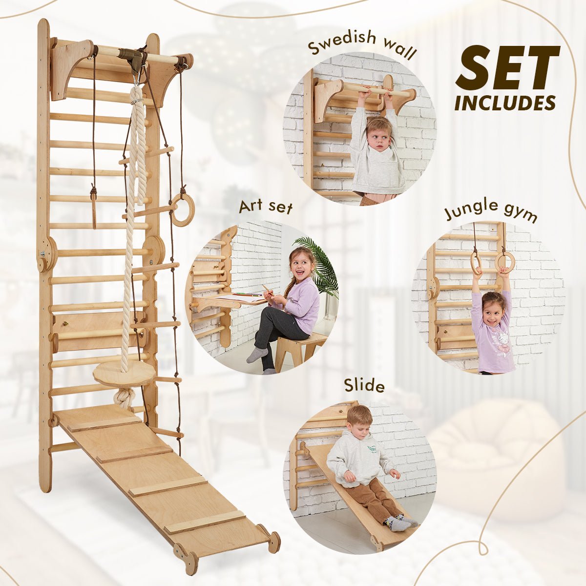 5in1: Wooden Swedish Wall / Climbing ladder for Children + Swing Set + Slide Board + Art Add - on | Swesdish wall | Goodevas