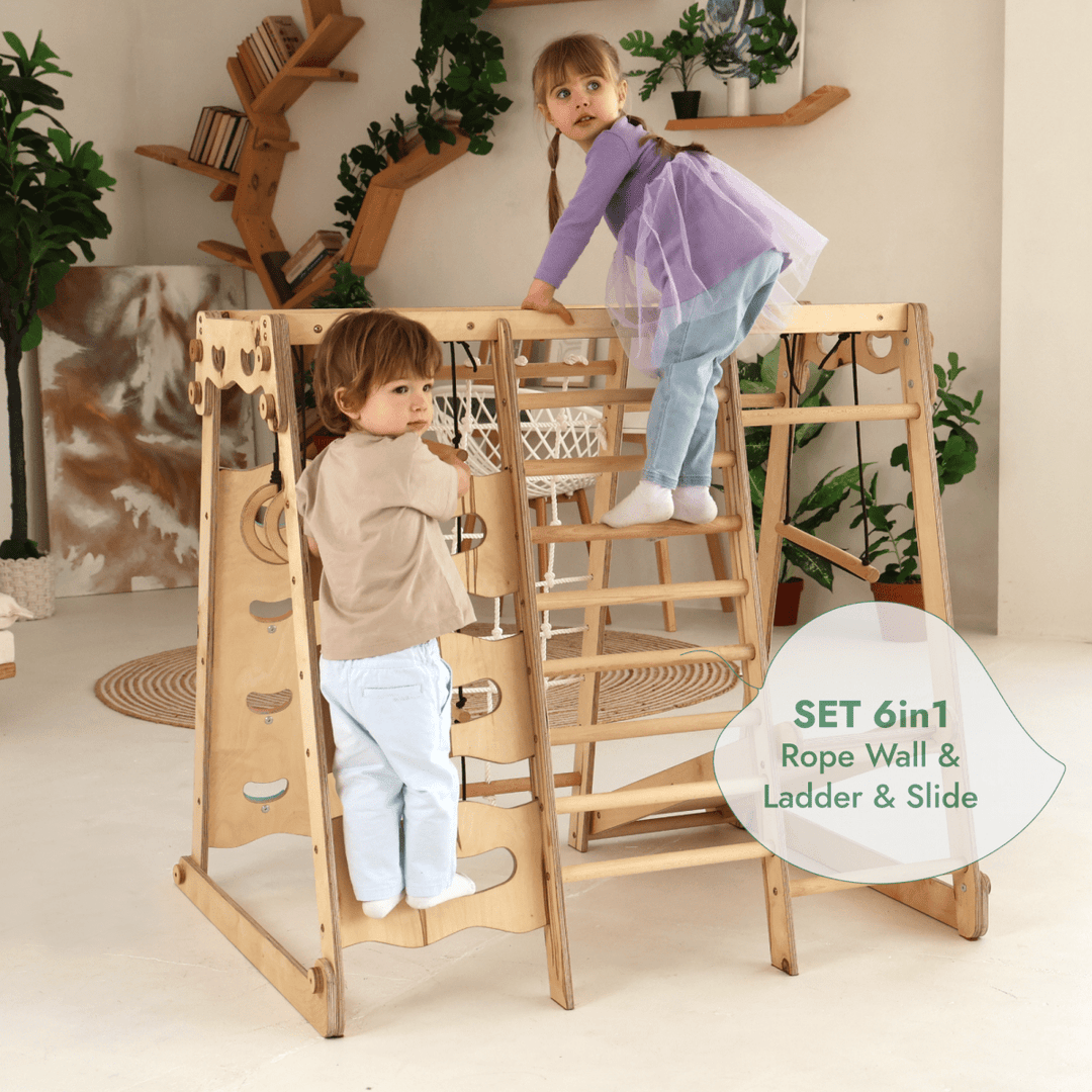 6in1 Indoor Jungle Gym for Toddler: Playground + Swings Set + Slide Board + Rope + Stairs | | Goodevas