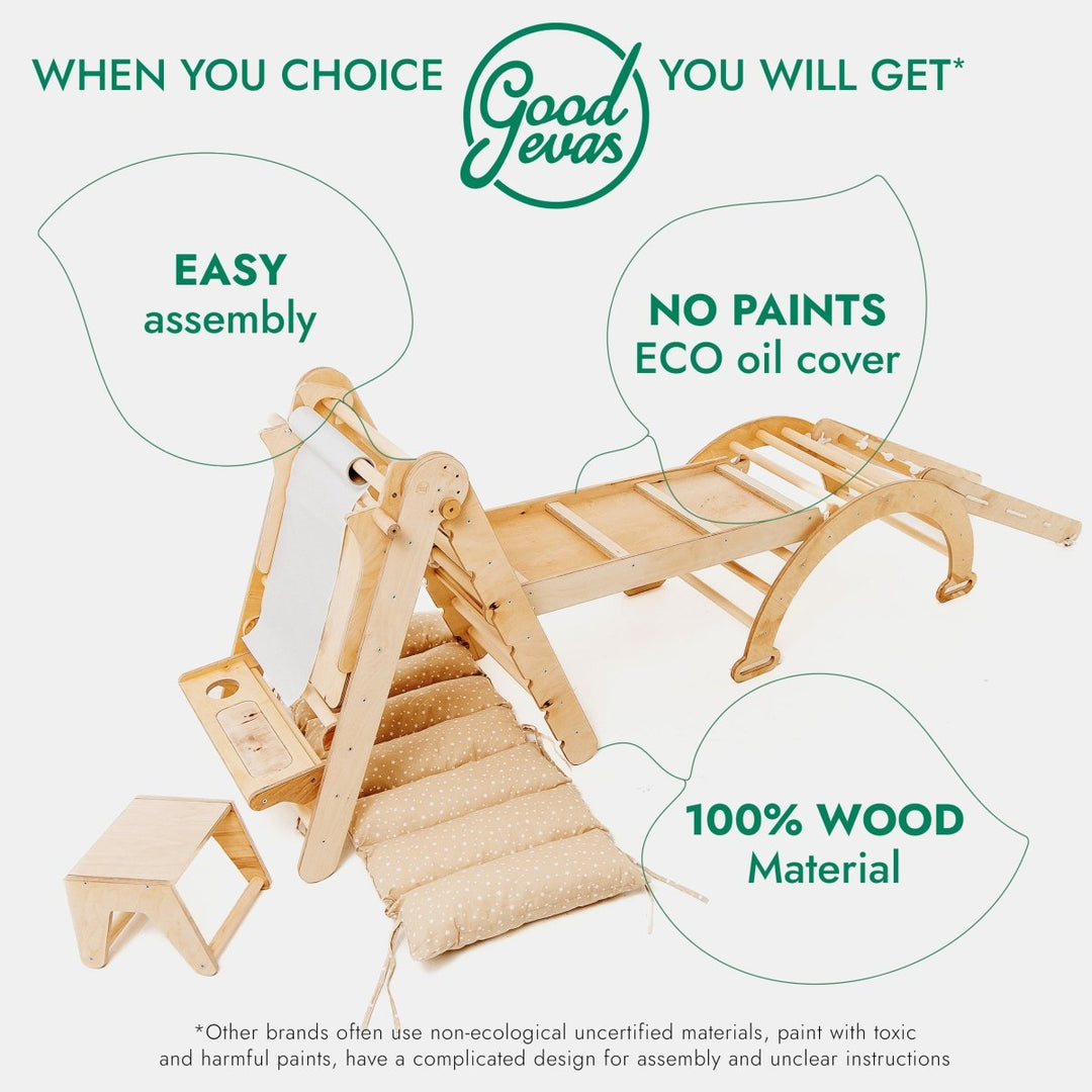 6in1 Montessori Climbing Frame Set: Triangle Ladder + Arch/Rocker + Slide/Ramp + Net + Cushion + Art Addition | | Goodevas