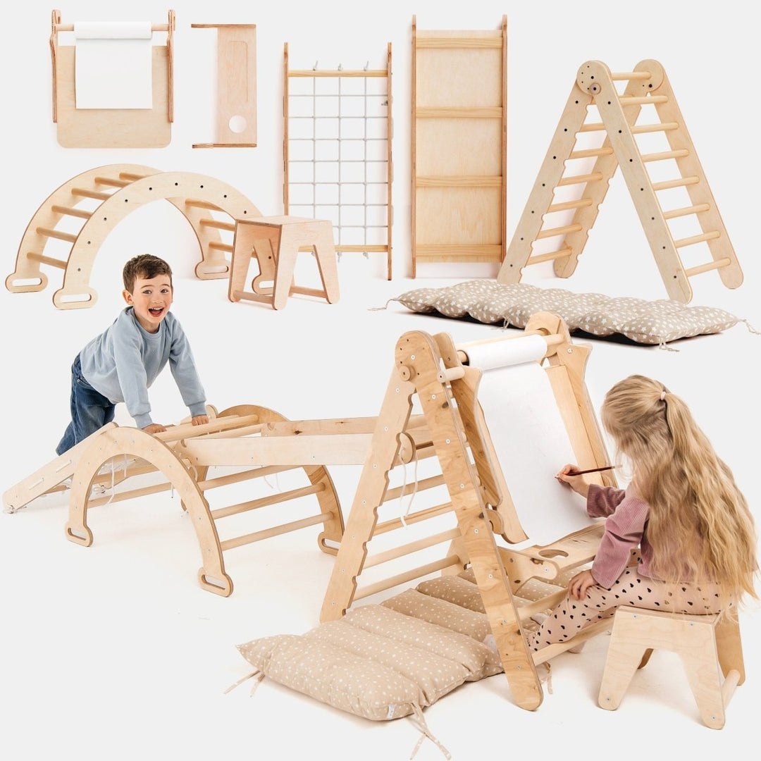 6in1 Montessori Climbing Frame Set: Triangle Ladder + Arch/Rocker + Slide/Ramp + Net + Cushion + Art Addition | | Goodevas