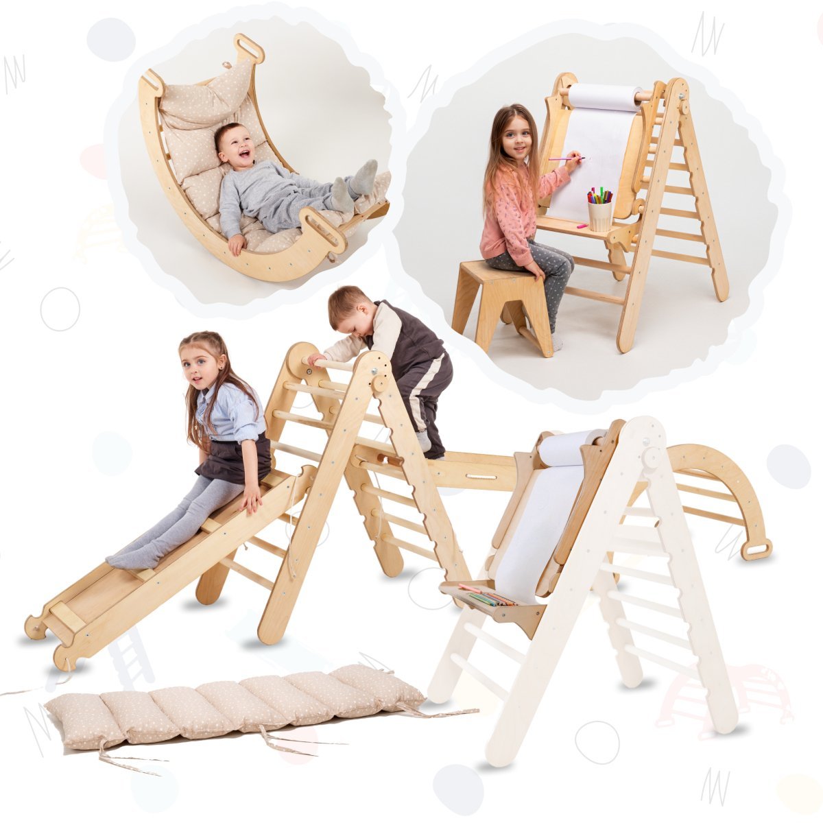 6in1 Montessori Climbing Frame Set: Triangle Ladder + Arch/Rocker + Slide/Ramp + Net + Cushion + Art Addition | | Goodevas CA