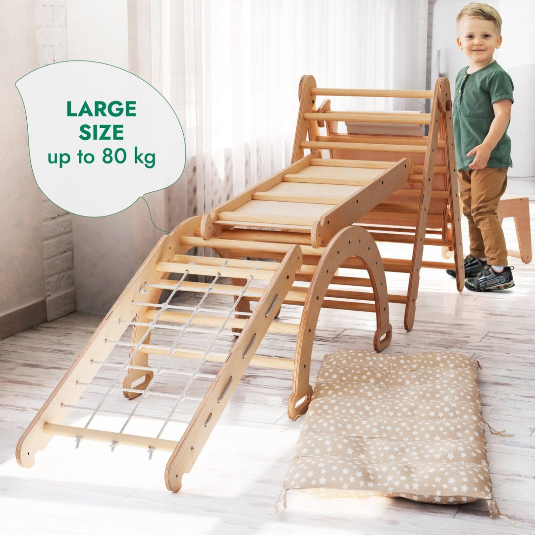 6in1 Montessori Climbing Frame Set: Triangle Ladder + Arch/Rocker + Slide/Ramp + Net + Cushion + Art Addition | | Goodevas