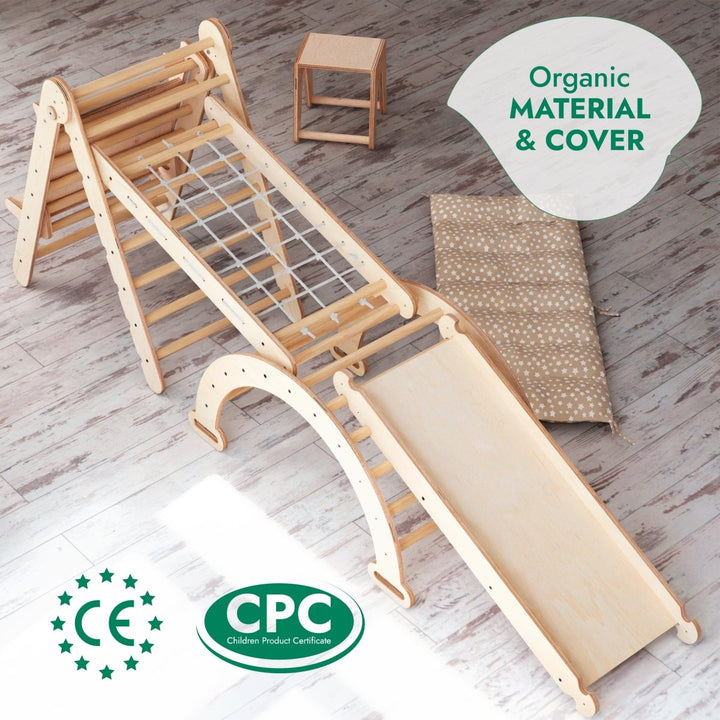 6in1 Montessori Climbing Frame Set: Triangle Ladder + Arch/Rocker + Slide/Ramp + Net + Cushion + Art Addition | | Goodevas