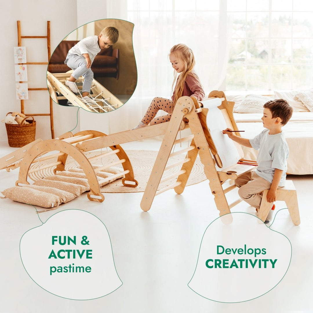 6in1 Montessori Climbing Frame Set: Triangle Ladder + Arch/Rocker + Slide/Ramp + Net + Cushion + Art Addition | | Goodevas