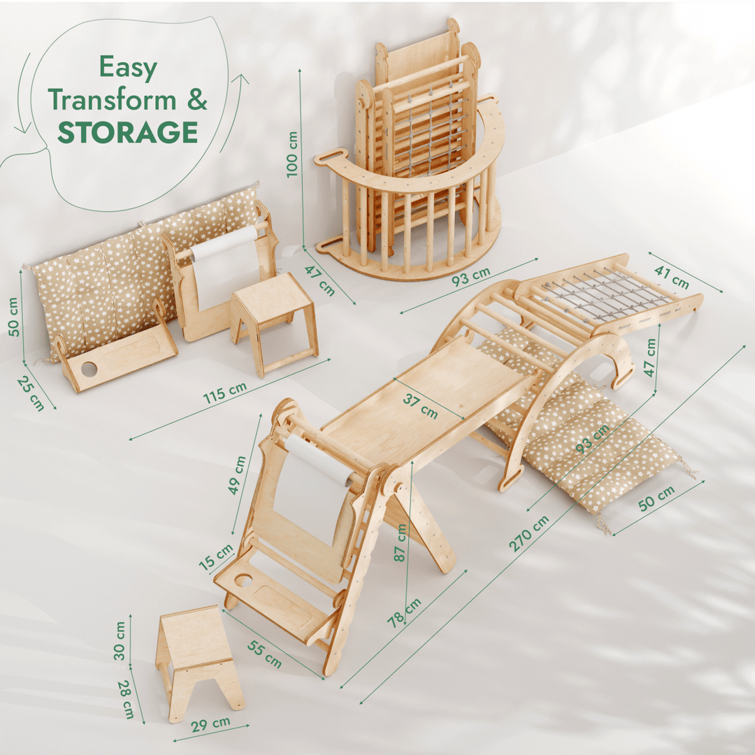 6in1 Montessori Climbing Frame Set: Triangle Ladder + Arch/Rocker + Slide/Ramp + Net + Cushion + Art Addition | | Goodevas