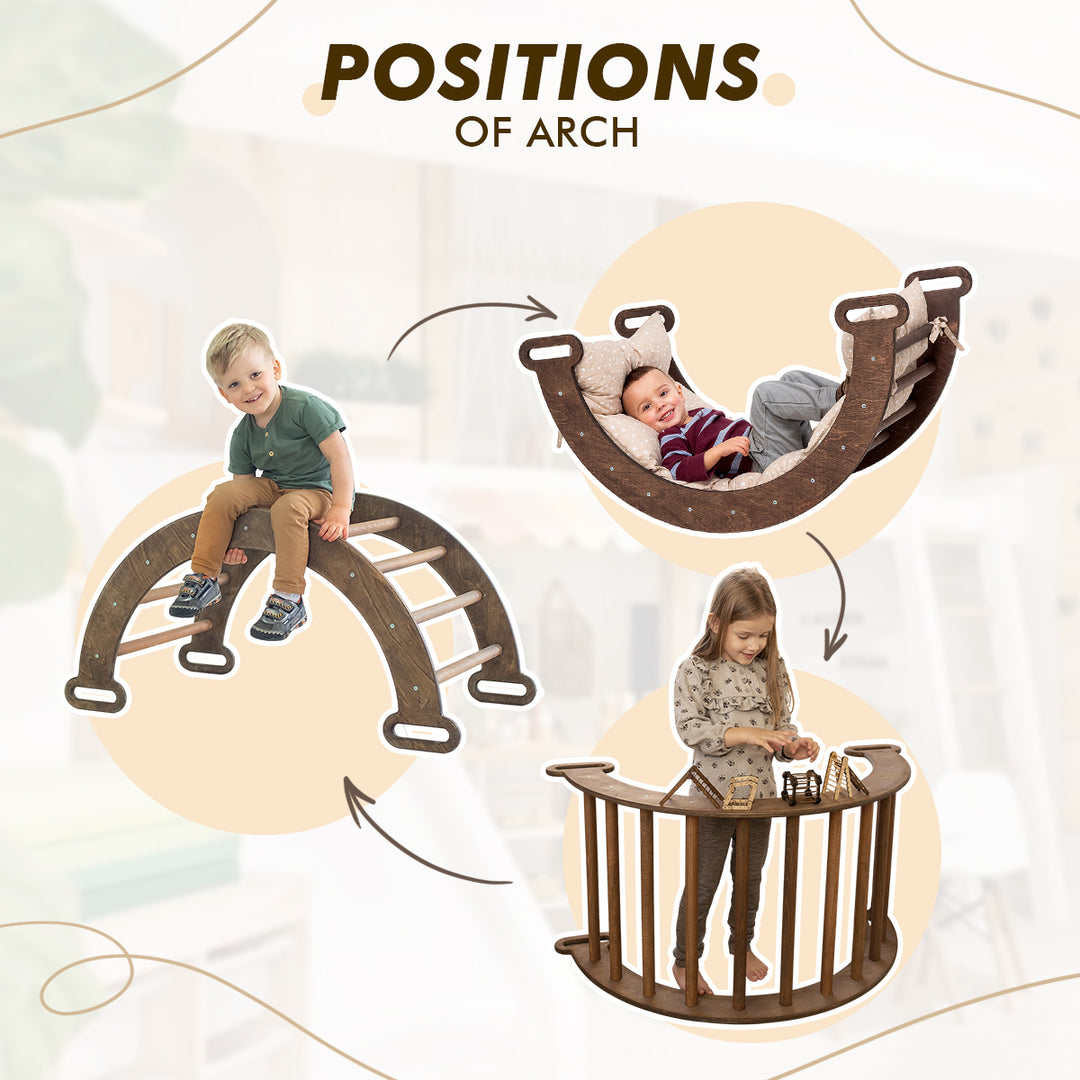5in1 Montessori Climbing Set: Triangle Ladder + Arch/Rocker + Slide Board/Ramp + Net + Cushion – Chocolate