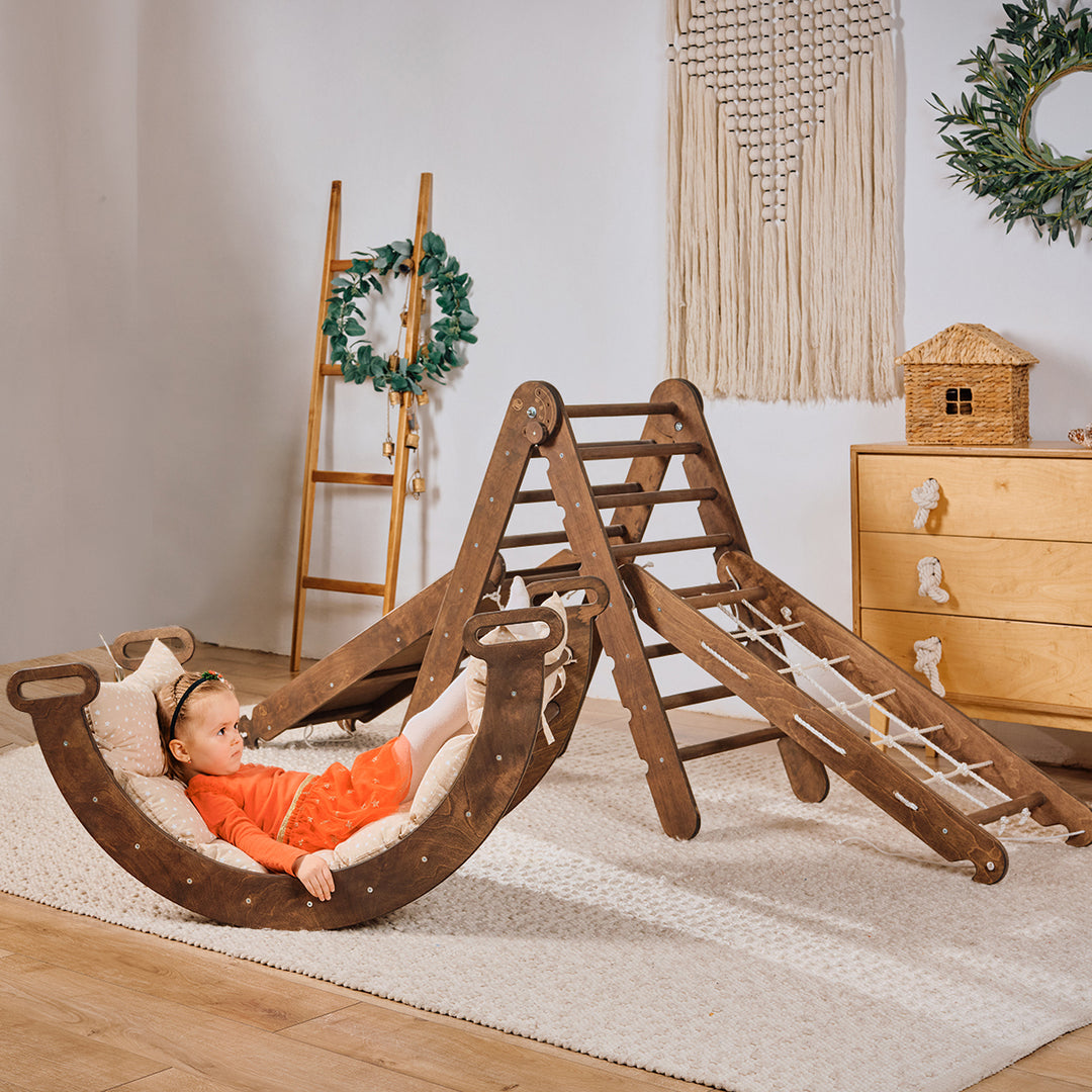 5in1 Montessori Climbing Set: Triangle Ladder + Arch/Rocker + Slide Board/Ramp + Net + Cushion – Chocolate