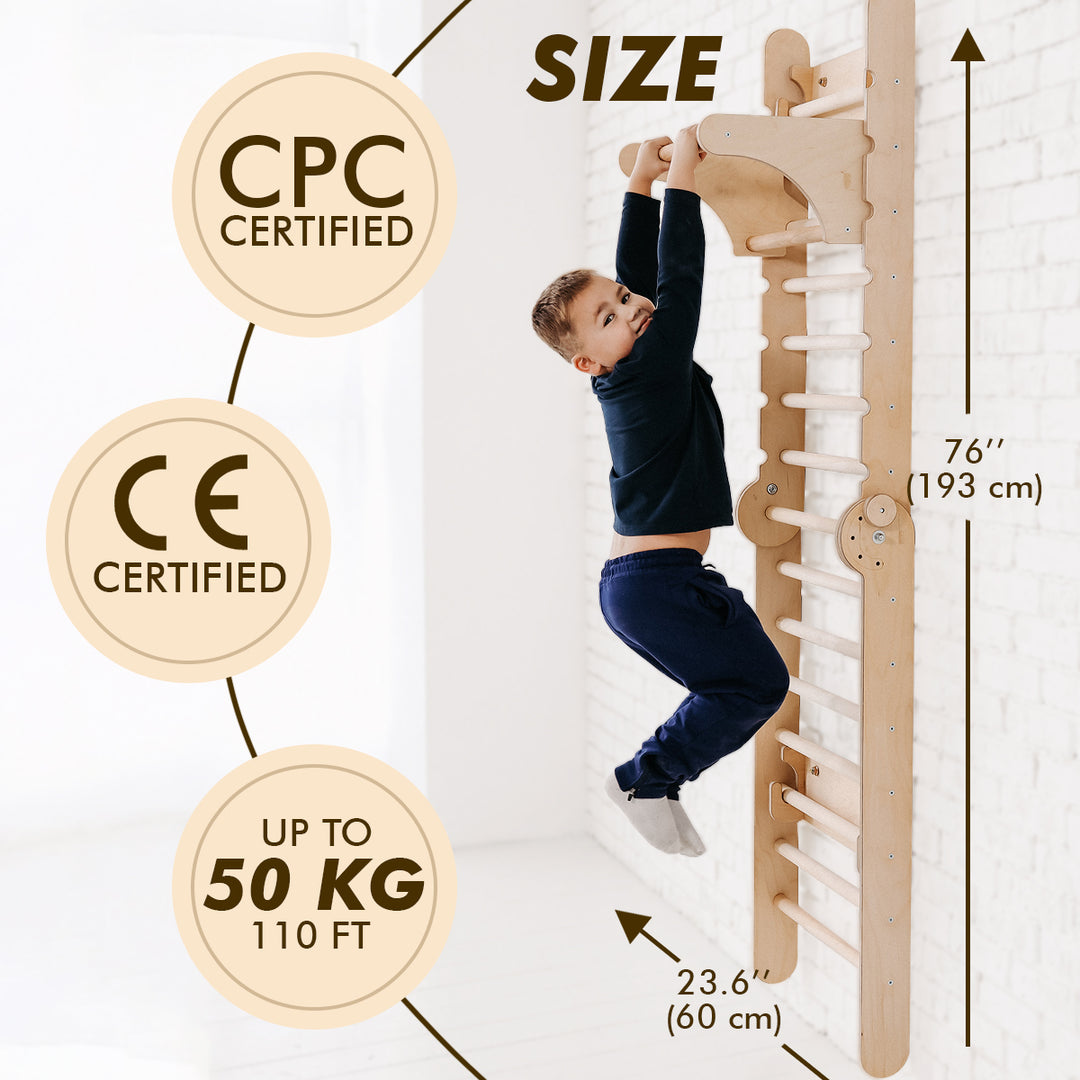 5in1: Wooden Swedish Wall / Climbing ladder for Children + Swing Set + Slide Board + Art Add-on