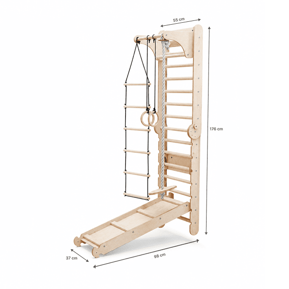 3 en 1: Mur suédois en bois / échelle d'escalade pour enfants + Balançoire + Rampe à glisser