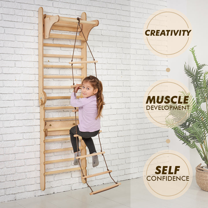 5in1: Wooden Swedish Wall / Climbing ladder for Children + Swing Set + Slide Board + Art Add-on