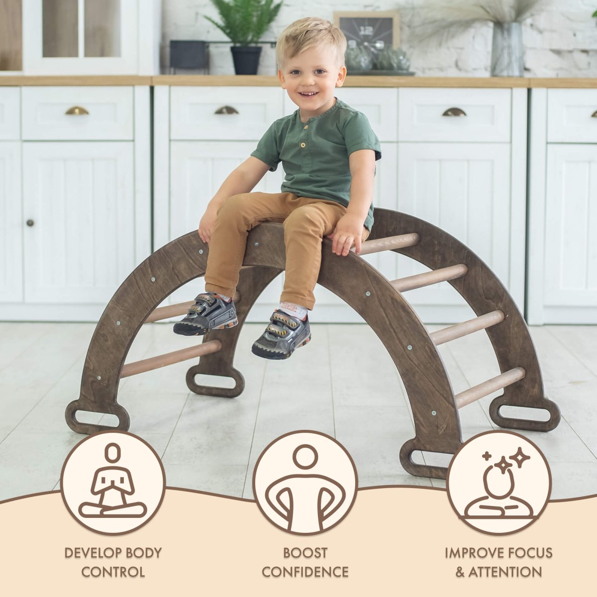 Climbing Arch & Rocker Balance - Montessori Climbers for Kids 1 - 7 y.o. – Chocolate | Single Ladders | Goodevas