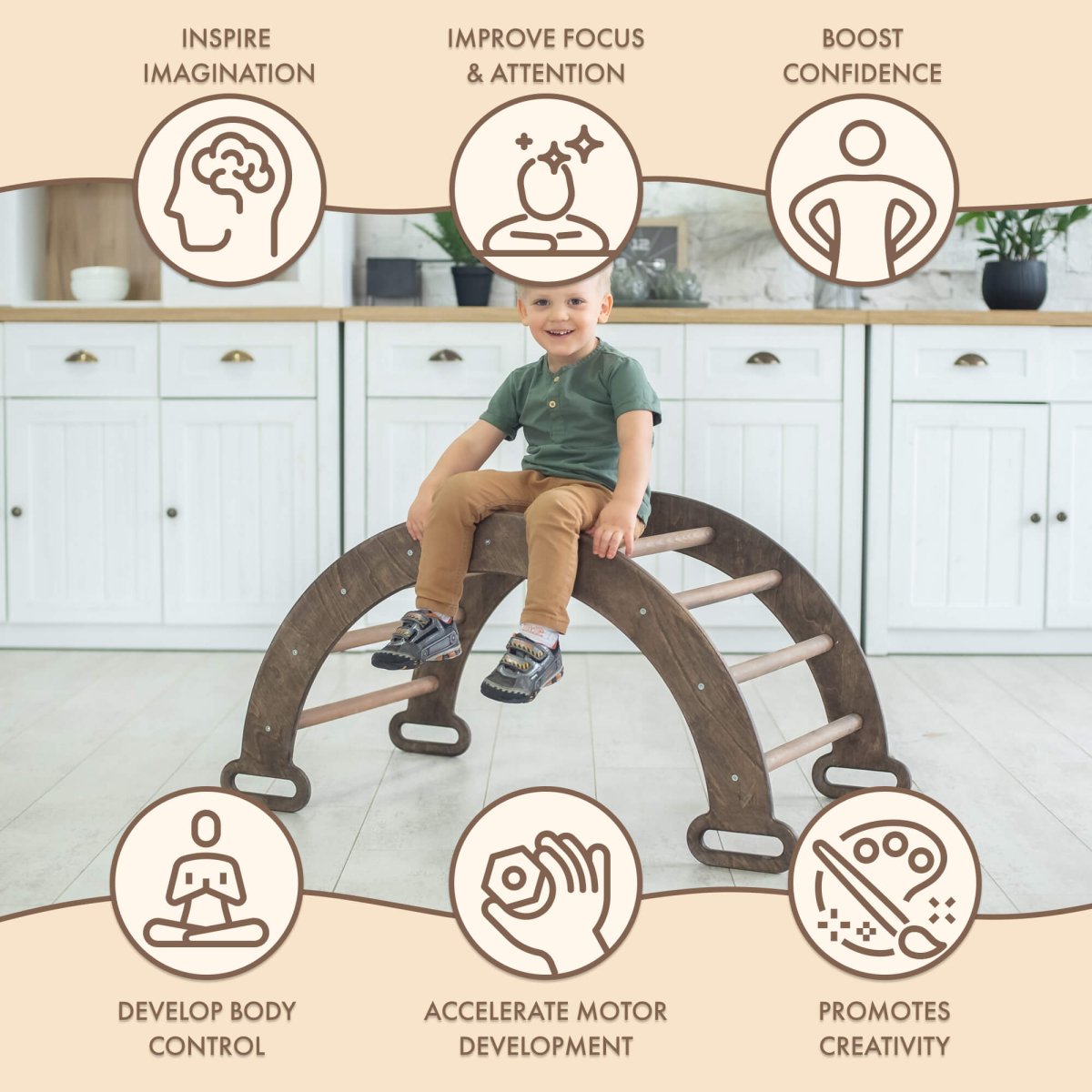 Climbing Arch & Rocker Balance - Montessori Climbers for Kids 1 - 7 y.o. – Chocolate | Single Ladders | Goodevas