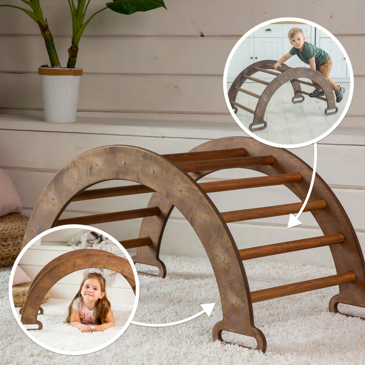 Climbing Arch & Rocker Balance - Montessori Climbers for Kids 1 - 7 y.o. – Chocolate | Single Ladders | Goodevas