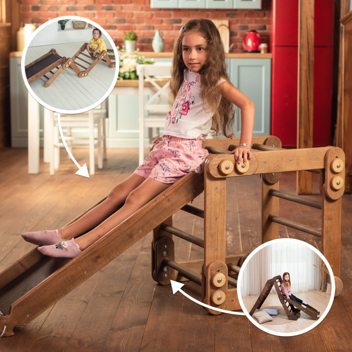 Montessori Climbing Frame Set 2in1: Snake Ladder + Slide Board/Climbing Ramp | Chocolate | 2in1 Playsets | Goodevas