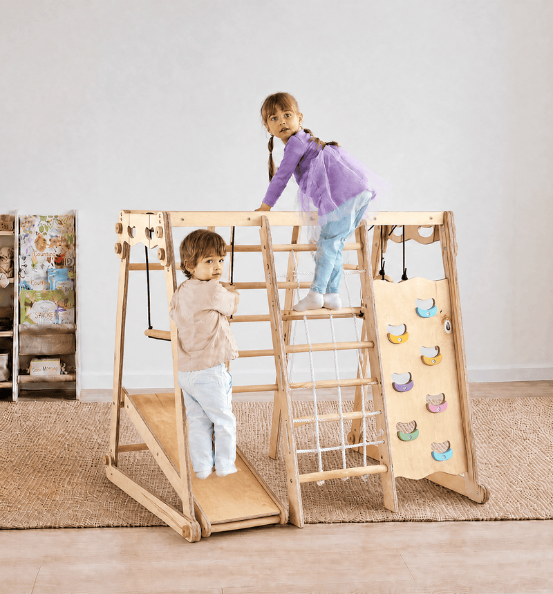 Jungle Gym d'intérieur 6 en 1 pour enfants : aire de jeux + balançoires + toboggan + corde + escaliers