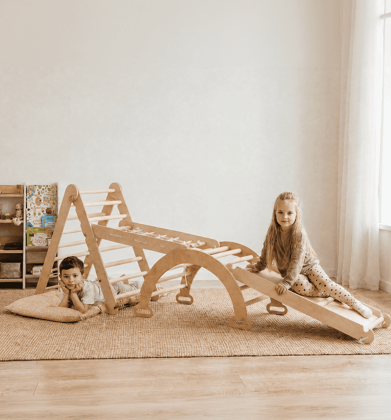 Ensemble d'Escalade Montessori 5en1 : Échelle Triangulaire + Arche d'Escalade + Toboggan + Filet d'Escalade + Coussin