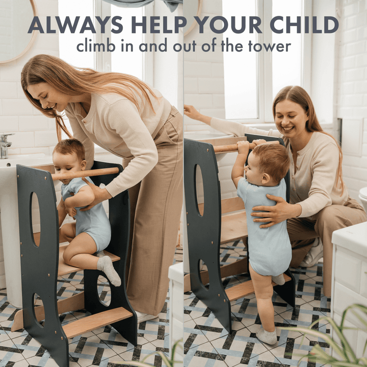 Stable Montessori Learning Tower: Wooden Growing Chair - Grey | | Goodevas