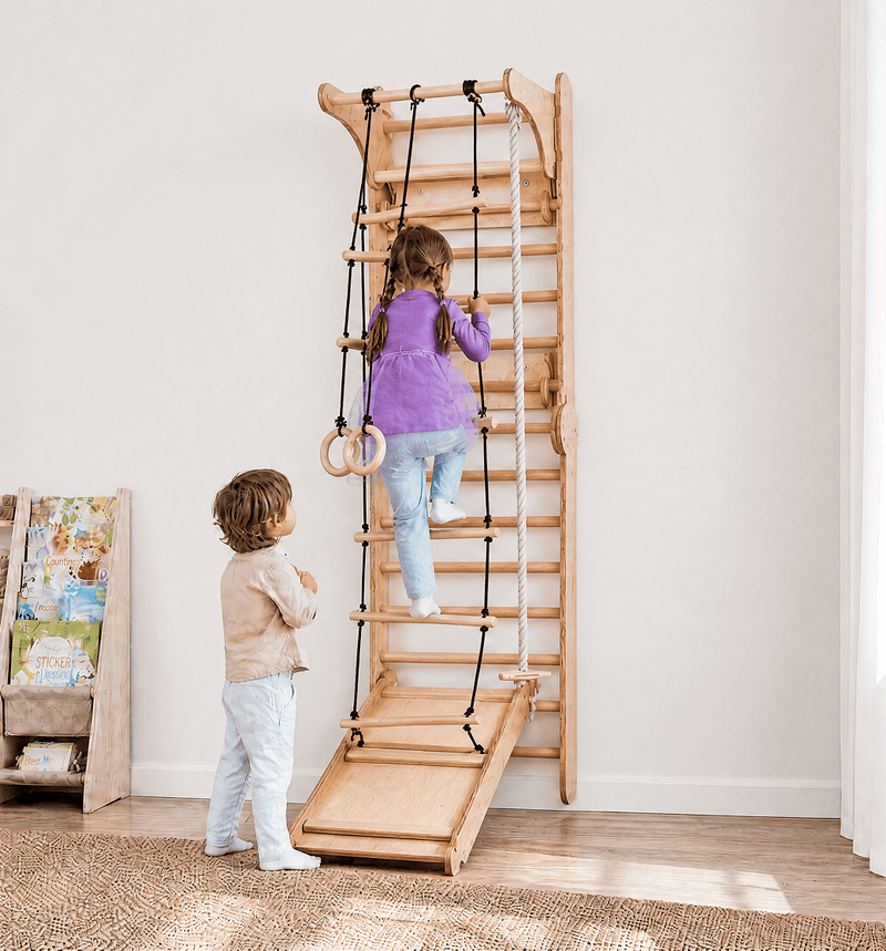 3 en 1: Mur suédois en bois / échelle d'escalade pour enfants + Balançoire + Rampe à glisser