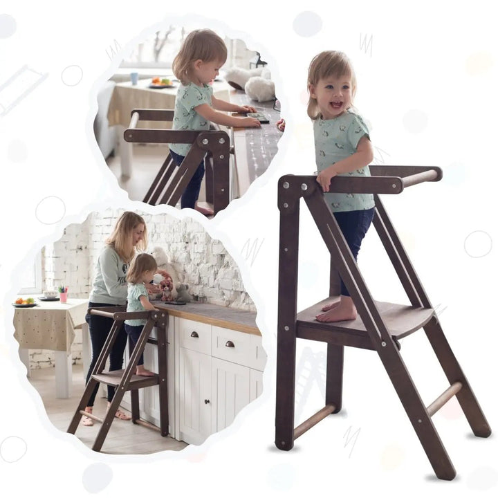 Wooden Step Stool for Preschool - Kid Chair That Grows - Chocolate | Kitchen Helper Tower | Goodevas