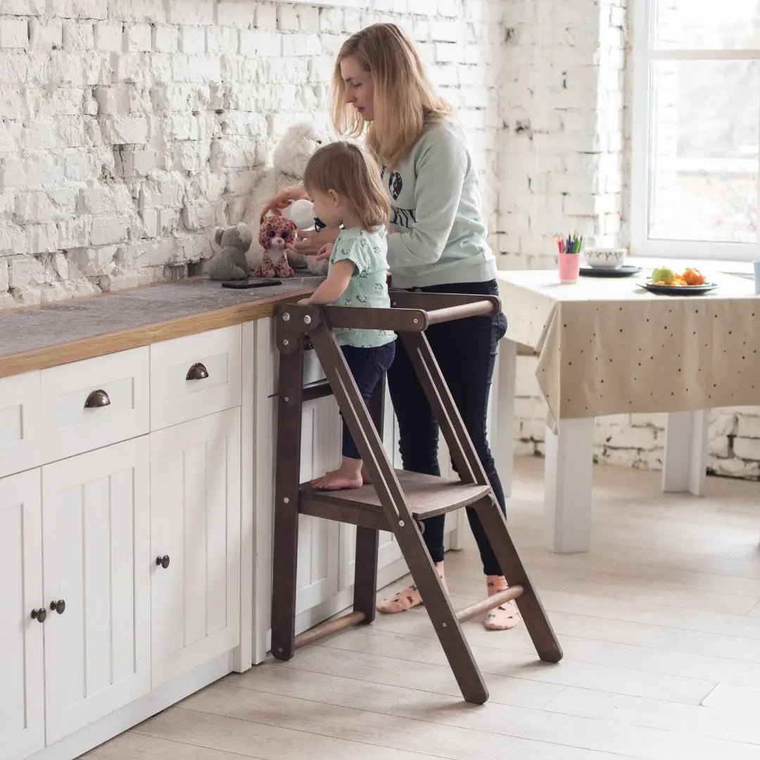 Wooden Step Stool for Preschool - Kid Chair That Grows - Chocolate | Kitchen Helper Tower | Goodevas