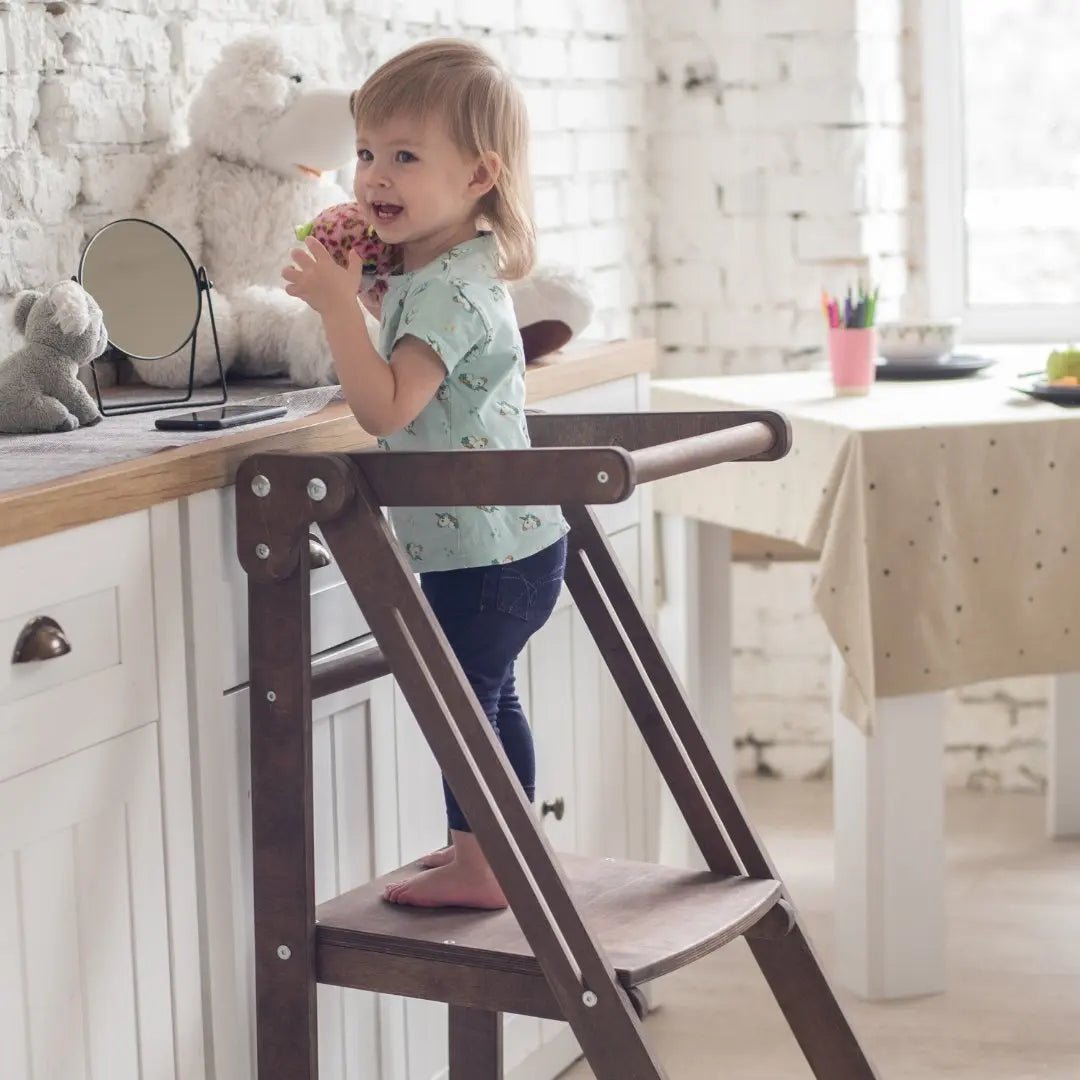 Wooden Step Stool for Preschool - Kid Chair That Grows - Chocolate | Kitchen Helper Tower | Goodevas