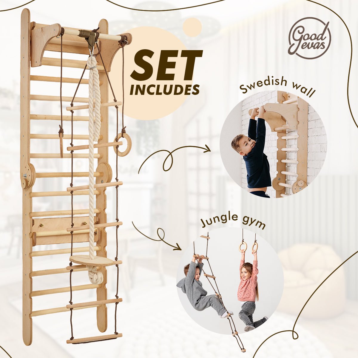 Wooden Swedish Wall / Climbing ladder for Children + Swing Set | Swesdish wall | Goodevas