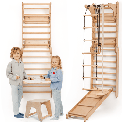 5en1 : Mur suédois en bois / échelle d'escalade pour enfants + Balançoire + Toboggan + Extension artistique