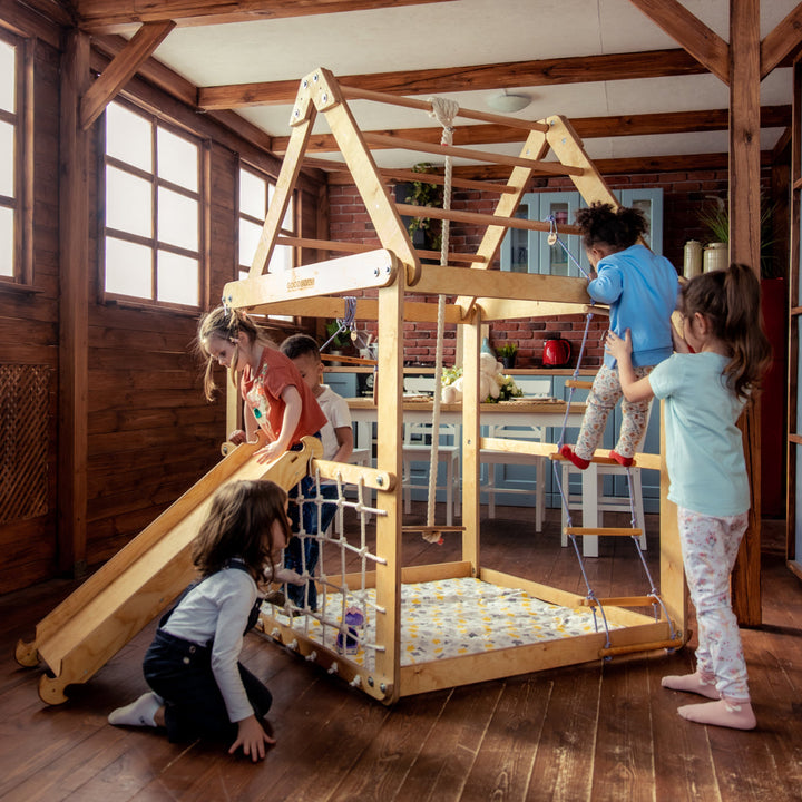 Indoor Wooden Playhouse with Triangle ladder, Slide Board and Swings