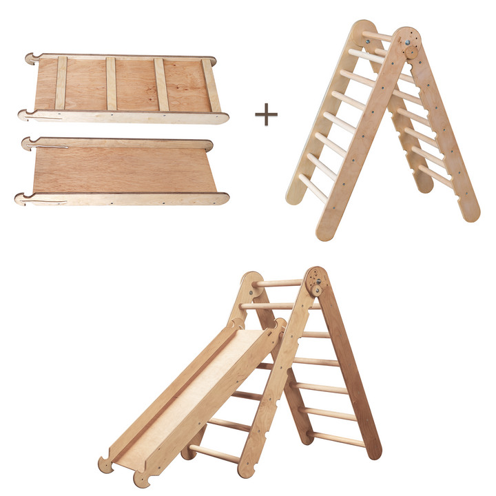 2in1 Montessori Climbing Frame Set: Triangle Ladder + Slide Board/Ramp – Chocolate